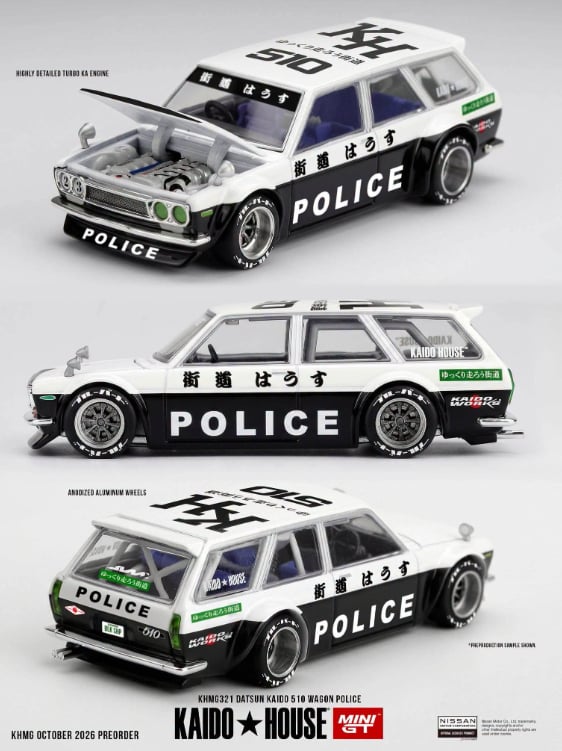 (Preorder) Kaido House x Mini GT Datsun KAIDO 510 Wagon Police – Black White Two-Tone