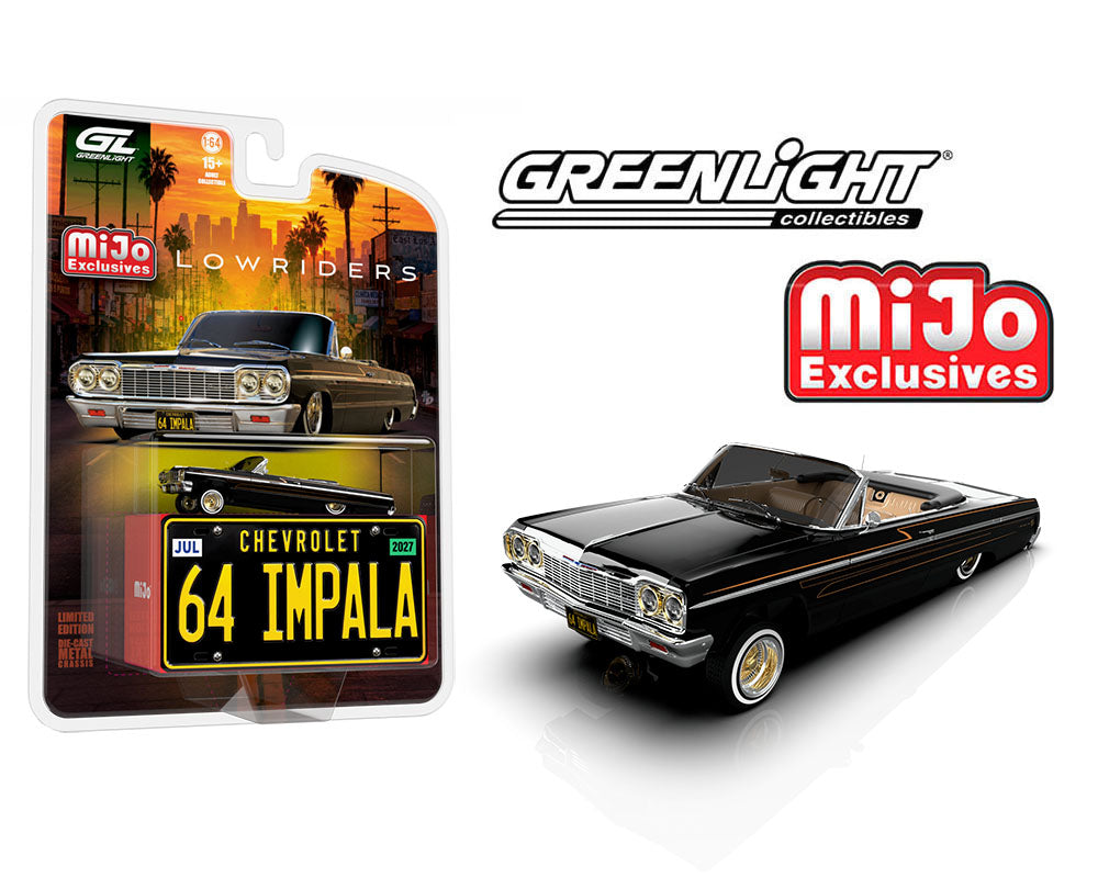**Pre-order** Greenlight 1:64 Lowriders 1964 Chevrolet Impala SS Convertible w/ Mini Metal License Plate – Black
