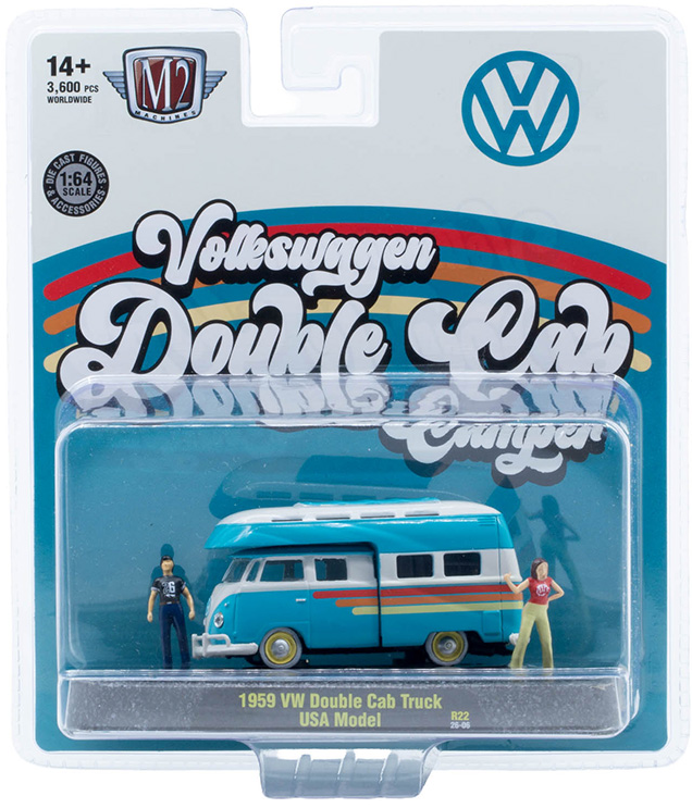 (PRE-ORDER) M2 Machines '59 Volkswagen Double Cab Truck with Camper Shell - USA Model in Blue and White