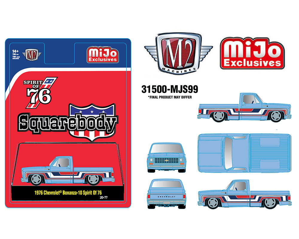 M2 Machines 1:64 1976 Chevrolet Silverado Bonanza-10 SPIRIT OF 76 Squarebody USA Special Edition 3 Truck Set-One- Red, One-White, One-Light Blue – MiJo Exclusives **PRE-ORDER**
