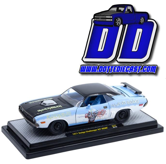 (PRE-ORDER) M2 Machines Iron Maiden - 1971 Dodge Challenger R/T HEMI in Light Blue, White, and Black