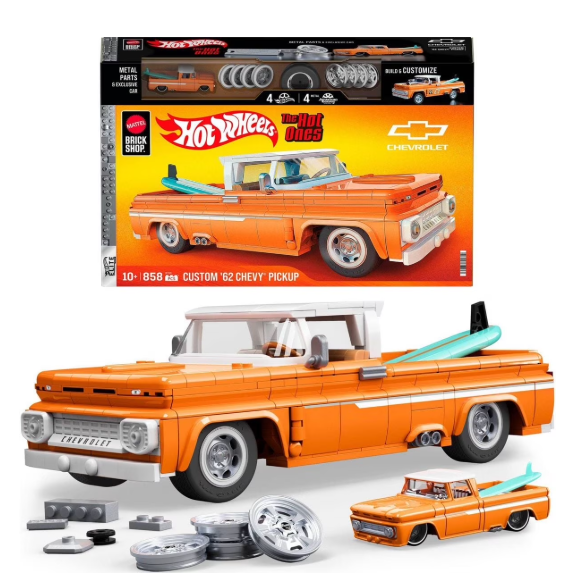 Mattel Brick Shop Hot Wheels Custom 62 Chevy Pickup Building Toy Kit for Collectors - 858pc