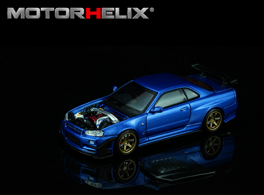 (Preorder) MotorHelix 1:64 Nissan Skyline GT-R R34 Custom with GT Aero Kit – Bayside Blue – Special Edition