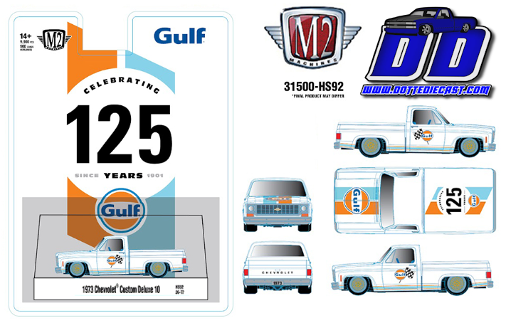 (Preorder) M2 Machines 1:64 1973 Chevrolet Custom Deluxe 10 “GULF” – White – Hobby Exclusive