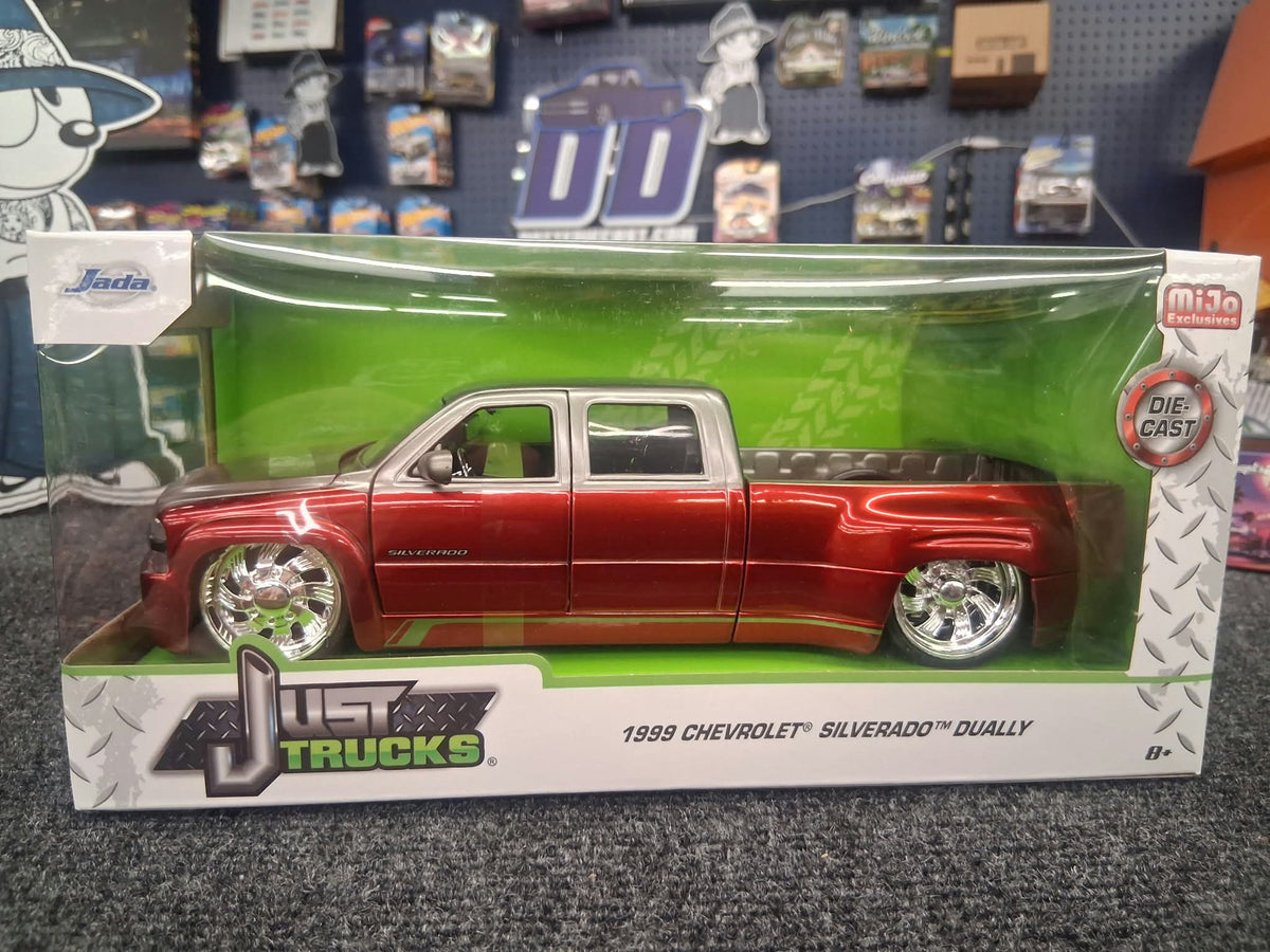 Jada 1:24 1999 Chevrolet Silverado Dually Custom KMC Wheels – Two Tone Red Metallic with Grey – Bigtime Kustoms – MiJo Exclusives