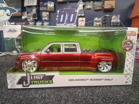 Jada 1:24 1999 Chevrolet Silverado Dually Custom KMC Wheels – Two Tone Red Metallic with Grey – Bigtime Kustoms – MiJo Exclusives