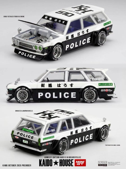 (Preorder) Kaido House x Mini GT Datsun KAIDO 510 Wagon Police – Black White Two-Tone