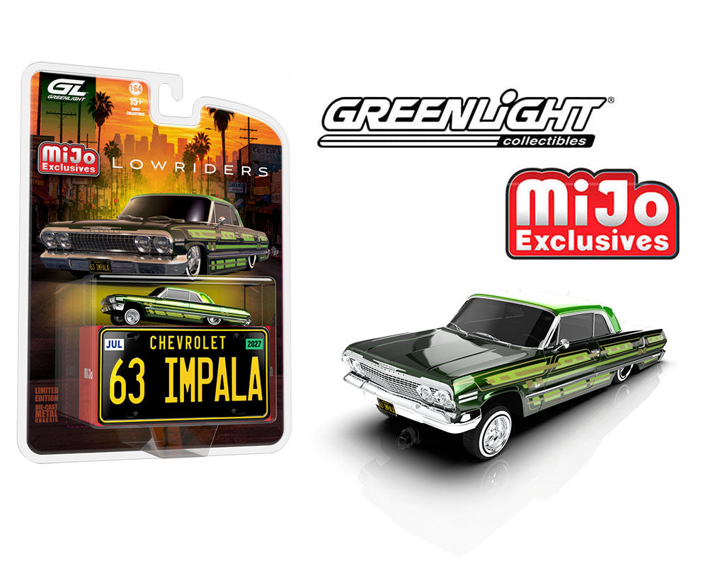 **Pre-order** Greenlight 1:64 Lowriders 1963 Chevrolet Impala SS w/ Mini Metal License Plate – Dark Green