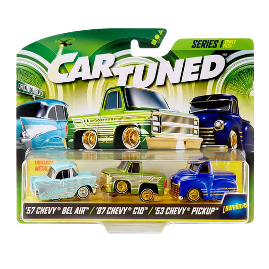 CarTuned 3 Pack Series 1-Cruizn Da Blvd & Drip'd 1957 Chevy Bel Air (Lowrider), 1987 Chevy C10 Truck (Lowrider), 1953 Chevy Pickup (Lowrider), Diecast Vehicles