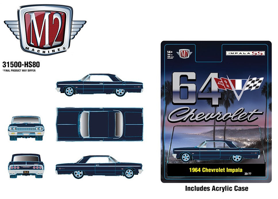 M2 Machines 1:64 1964 Chevrolet Impala Hard Top – Daytona Blue Metallic – Hobby Exclusive**PRE-ORDER**