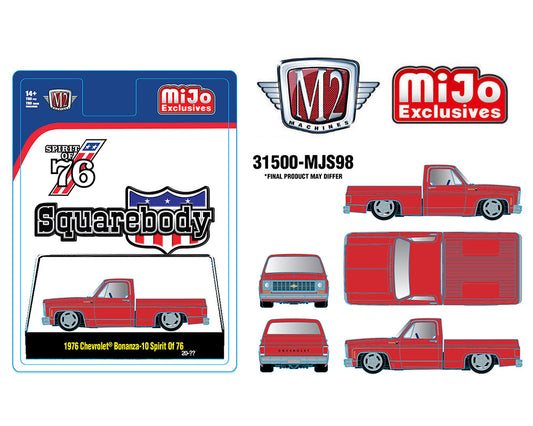 M2 Machines 1:64 1976 Chevrolet Silverado Bonanza-10 SPIRIT OF 76 Squarebody USA Special Edition 3 Truck Set-One- Red, One-White, One-Light Blue – MiJo Exclusives **PRE-ORDER**