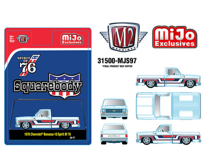 M2 Machines 1:64 1976 Chevrolet Silverado Bonanza-10 SPIRIT OF 76 Squarebody USA Special Edition 3 Truck Set-One- Red, One-White, One-Light Blue – MiJo Exclusives **PRE-ORDER**