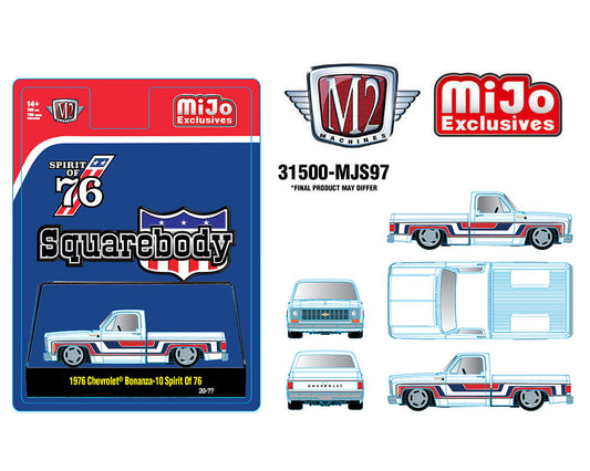 M2 Machines 1:64 1976 Chevrolet Silverado Bonanza-10 SPIRIT OF 76 Squarebody USA Special Edition 3 Truck Set-One- Red, One-White, One-Light Blue – MiJo Exclusives **PRE-ORDER**