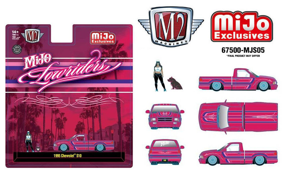 **PRE-ORDER** M2 Machines 1:64 Diorama Series 1995 Chevrolet S10 Lowriders with Girl & Pitbull Dog Figures – Pink – Mijo Exclusives **PRE-ORDER**