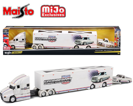 (Preorder) Maisto 1:64 Mijo Exclusives Mack Anthem & 1987 Chevrolet 1500 Pick-Up Truck – SQUAREBODY USA – Design Transporter **PRE-ORDER**