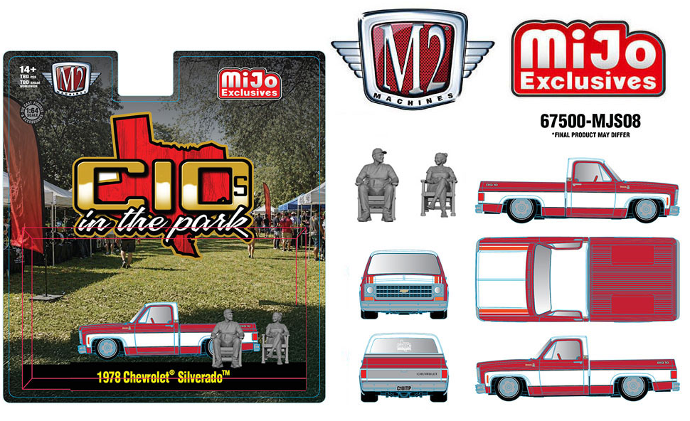 M2 Machines C10s In the Park- '78 Chevrolet Silverado w 2 Figures – Two-Tone Red White – Mijo Exclusives**PRE-ORDER**