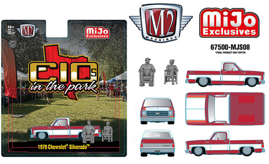 M2 Machines C10s In the Park- '78 Chevrolet Silverado w 2 Figures – Two-Tone Red White – Mijo Exclusives**PRE-ORDER**