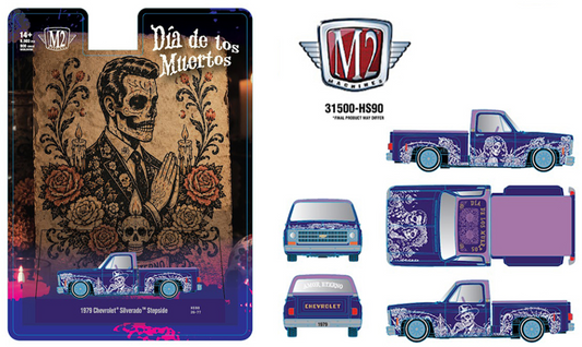 (Preorder) M2 Machines 1:64 1979 Chevrolet Silverado Stepside “Dia De Los Muertos” – Purple
