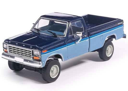 (PRE-ORDER) IXO '81 Ford F-150 Custom Explorer Short Bed Styleside 4x2 Pickup in Tu-Tone Midnight Blue Metallic and Medium Blue Glow 1:64 SCALE
