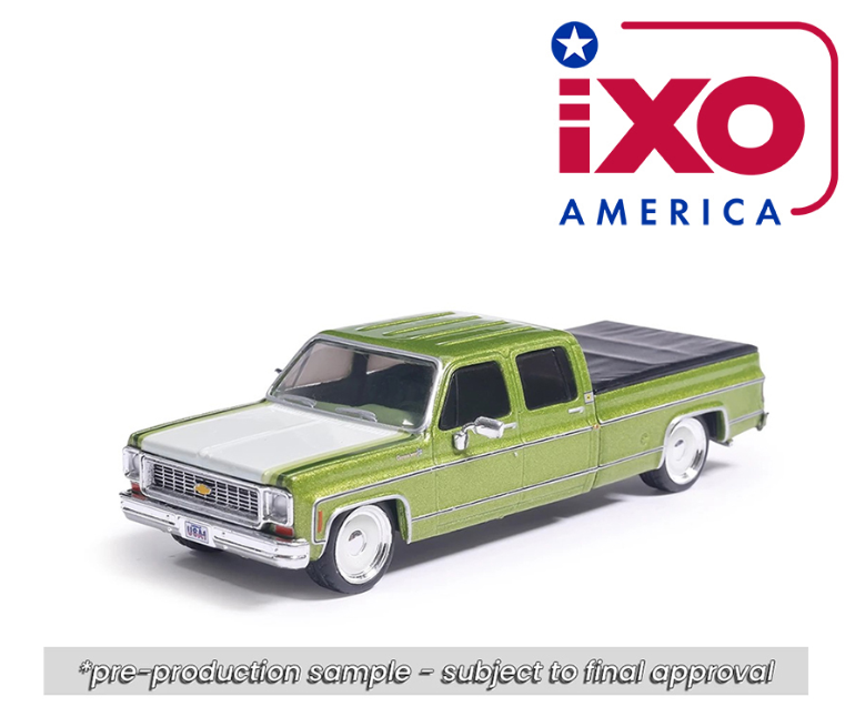 (Preorder) IXO Model 1:64 1974 Chevrolet Cheyenne Super C10 Crew Cab Fleetside – Lime Green Metallic – Lowered – Limited Edition