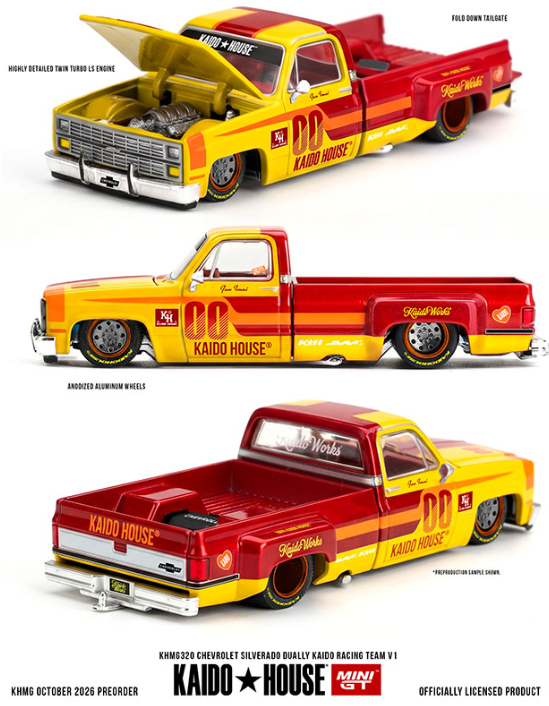 (Preorder) Kaido House x Mini GT Chevrolet Silverado Dually Kaido Racing Team V1 - Yellow Red