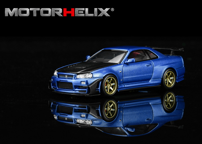 (Preorder) MotorHelix 1:64 Nissan Skyline GT-R R34 Custom with GT Aero Kit – Bayside Blue – Special Edition