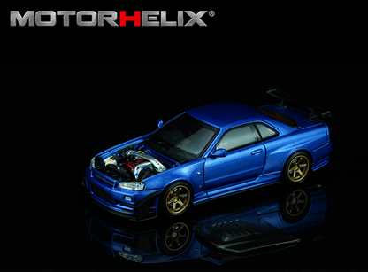 (Preorder) MotorHelix 1:64 Nissan Skyline GT-R R34 Custom with GT Aero Kit – Bayside Blue – Special Edition