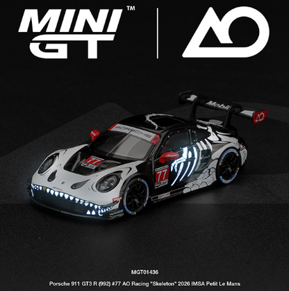 (Preorder) Mini GT 1:64 Porsche 911 GT3 R (992) #77 AO Racing “Skeleton Rexy” 2026 IMSA Petit Le Mans – (Glow in the Dark) – Limited Edition